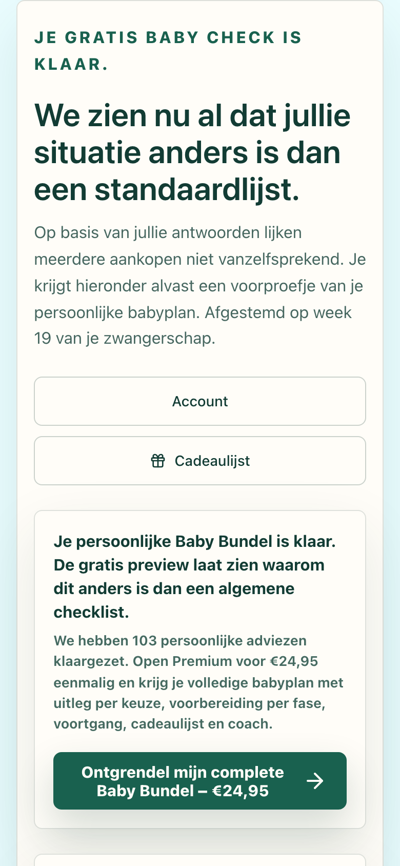 Echt scherm van het Baby Bundel-dashboard met voortgang en persoonlijke volgende stap